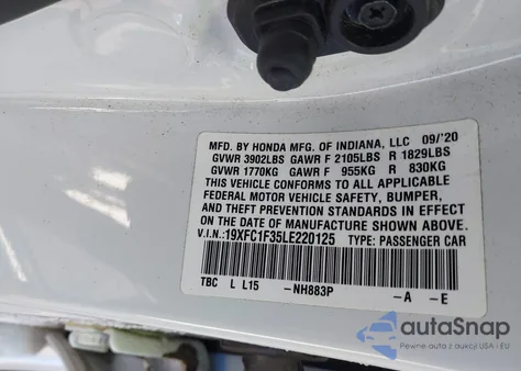 2020 Honda Civic Ex z USA, uszkodzony, nr VIN 19XFC1F35LE220125